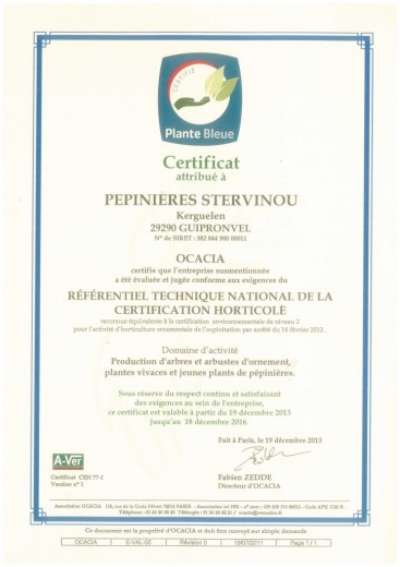 Certificat Plante Bleue 2013